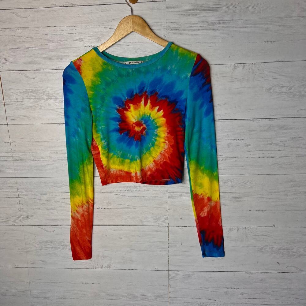 Alice + Olivia Tee Womens Size XS/TP Delaina Rainbow Tie Dye Cropped Long Sleeve - Picture 4 of 16
